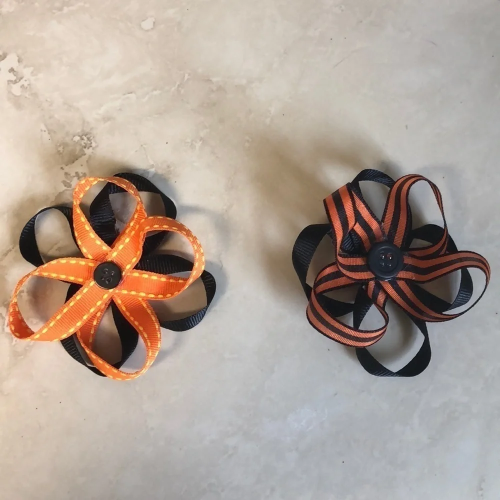 2/$15 - 2 Halloween Hair Clips Orange & Black Ribbon Bows Girls